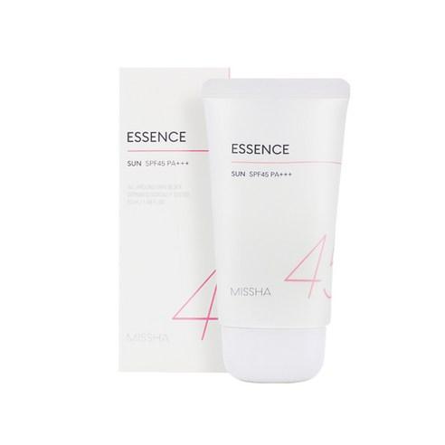 White tube and matching box of essence sun protection with SPF45 PA+++ on a clean white background