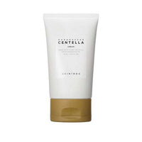 White skincare tube with beige flip-top cap labeled Madagascar Centella Cream for soothing relief on white background