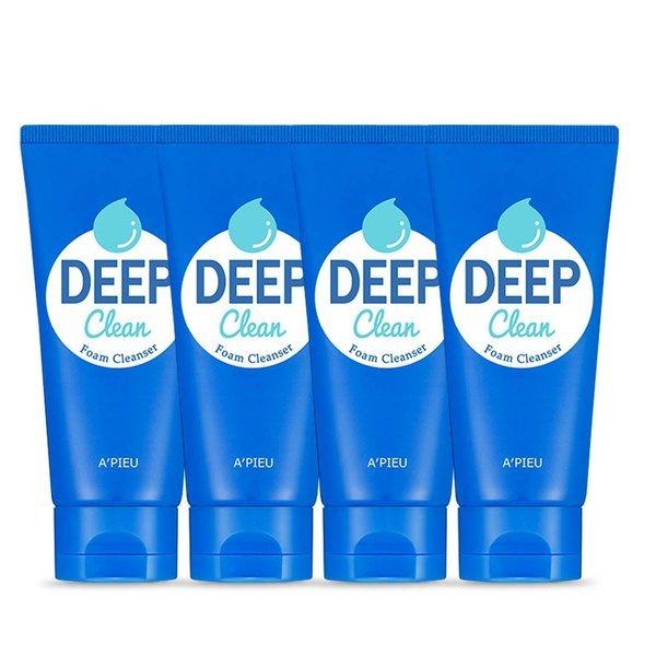 A'pieu Deep Clean Foam Cleanser 130ml X 4ea in blue tubes designed for thorough cleansing benefits