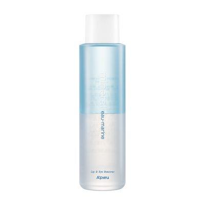 A'pieu MINERAL LIP AND EYE REMOVER EAU-MARINE 250ml in blue and clear bottle for gentle makeup removal