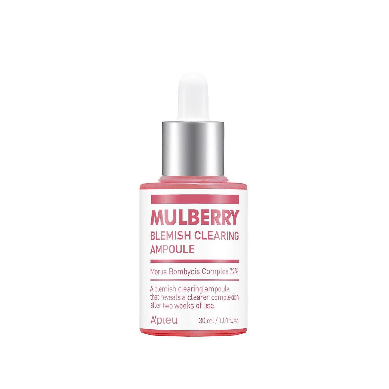A'pieu Mulberry Blemish Clearing Ampoule 30ml in pink bottle with brightening effect for clearer skin tone