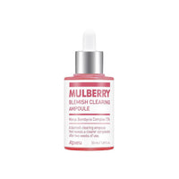 A'pieu Mulberry Blemish Clearing Ampoule 50ml in pink bottle with dropper promoting brightening and clear complexion benefits