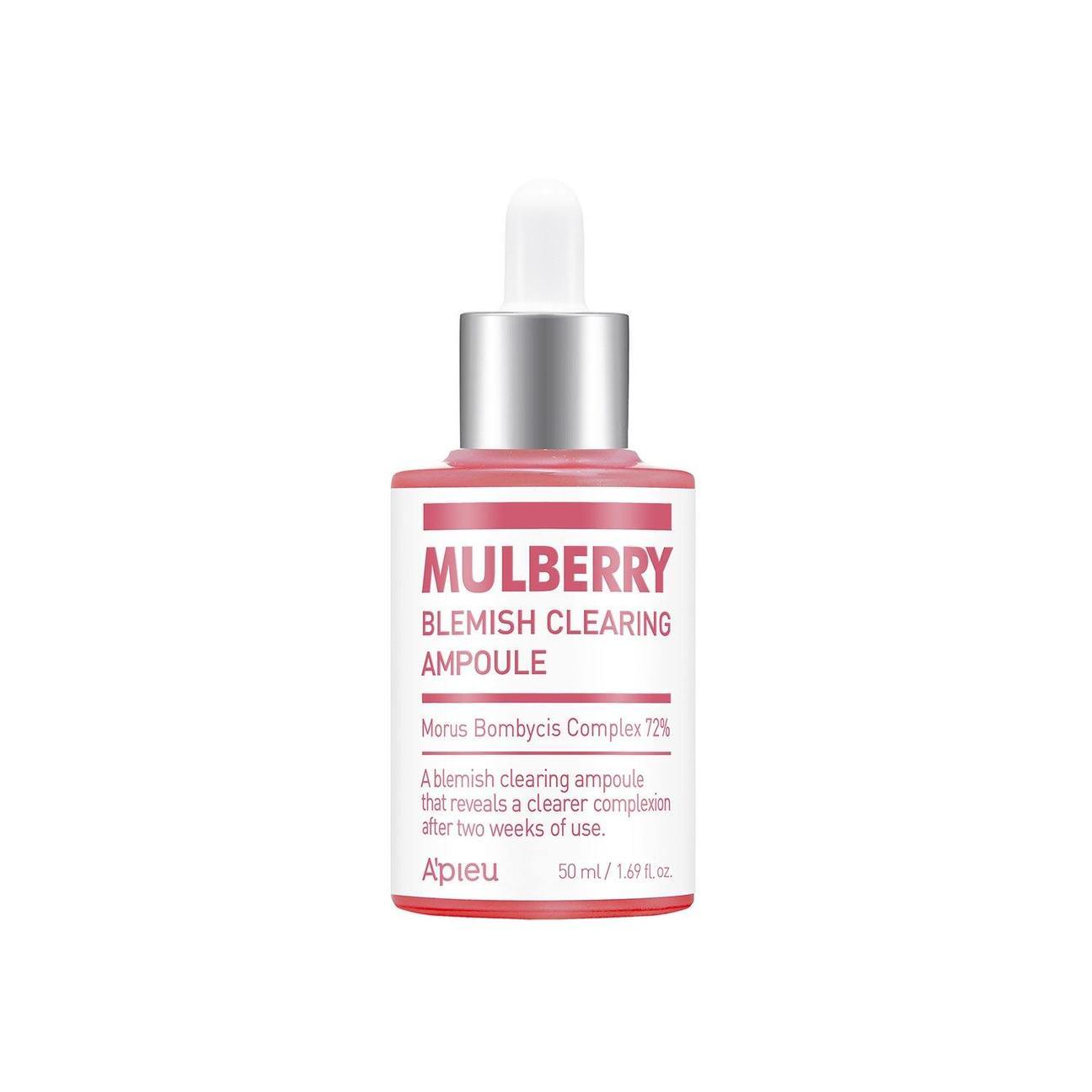 A'pieu Mulberry Blemish Clearing Ampoule 50ml in pink bottle with dropper promoting brightening and clear complexion benefits