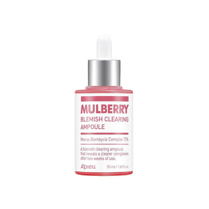 A'pieu Mulberry Blemish Clearing Ampoule 50ml in pink bottle with dropper promoting brightening and clear complexion benefits