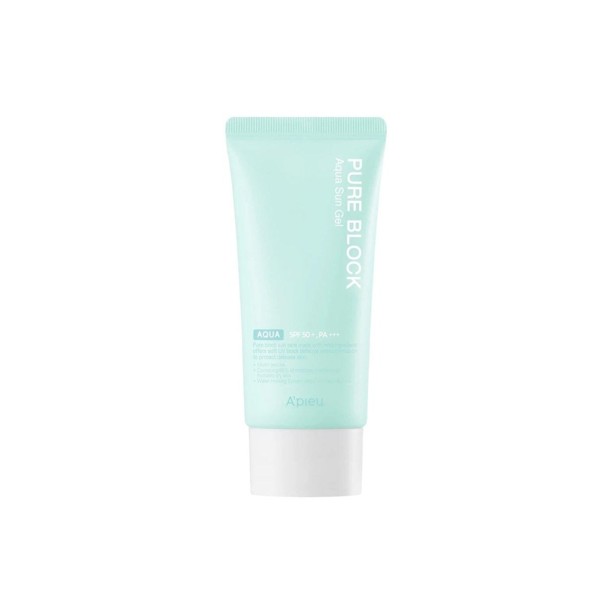 A'pieu Pure Block Aqua Sun Gel SPF50+/PA+++ 50ml in pastel aqua tube delivering long-lasting hydration benefits