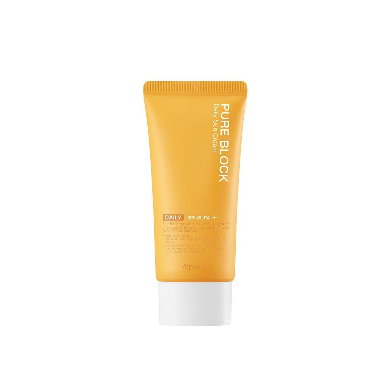 A'pieu Pure Block Daily Sun Cream SPF45/PA+++ 50ml in vibrant orange tube for effective UV Protection