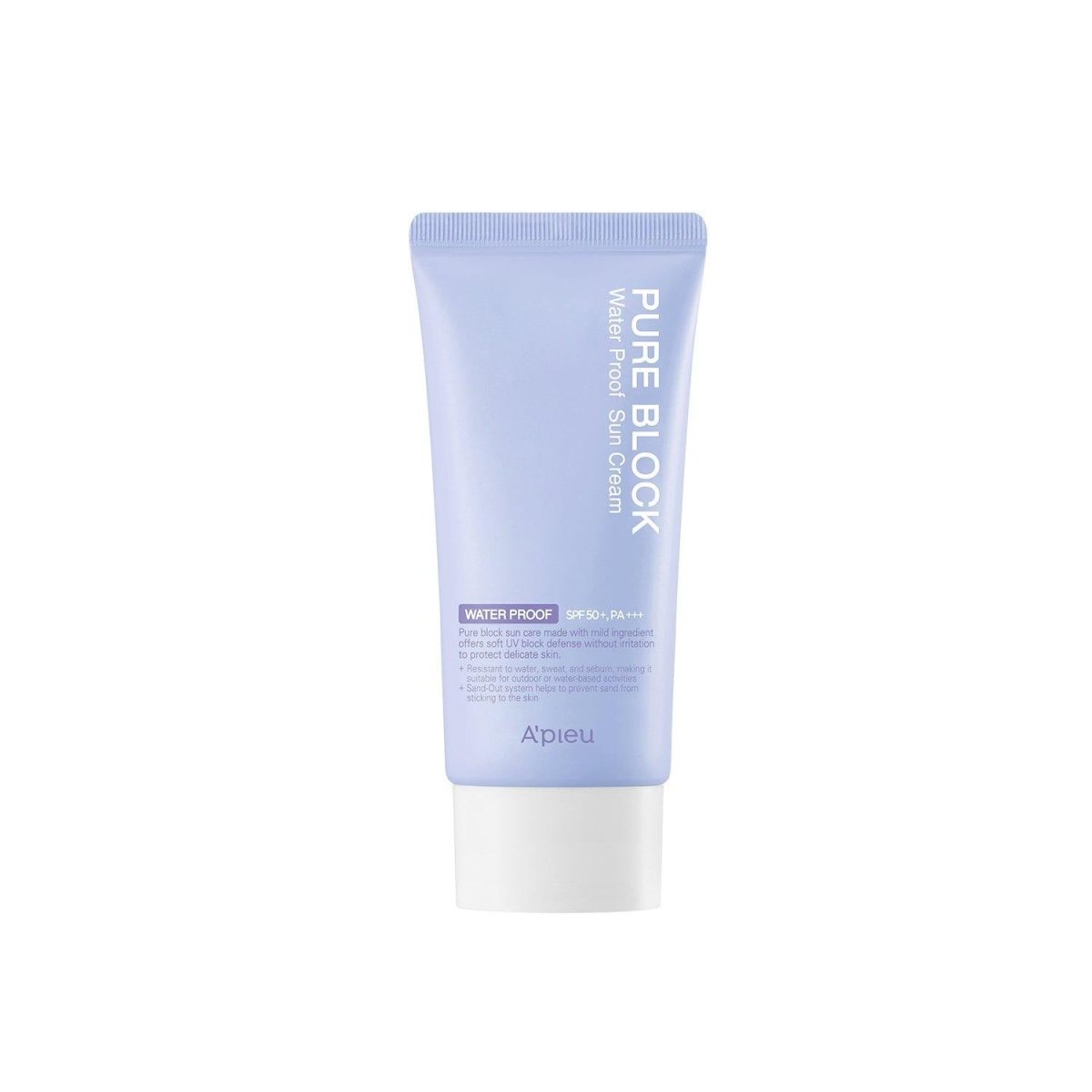 A'pieu Pure Block Sun Cream Waterproof Sun Cream SPF50/PA+++ 50ml in pastel lavender tube with long-lasting protection benefits
