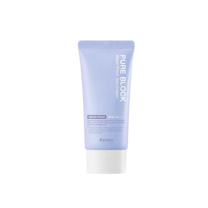 A'pieu Pure Block Sun Cream Waterproof Sun Cream SPF50/PA+++ 50ml in pastel lavender tube with long-lasting protection benefits