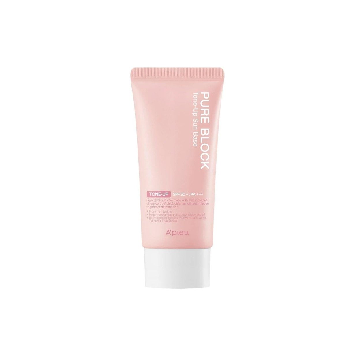A'pieu Pure Block Tone-Up Sun Base SPF50+/PA+++ 50ml in pastel pink tube providing effective UV protection and brightening benefits