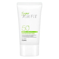 A'pieu Super Air Fit Mild Sunscreen Daily SPF50+ PA++++ 50ml in white tube with green and gray text for broad spectrum sun protection