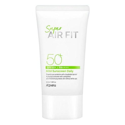 A'pieu Super Air Fit Mild Sunscreen Daily SPF50+ PA++++ 50ml in white tube offering broad spectrum sun protection