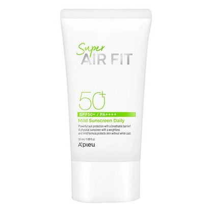 A'pieu Super Air Fit Mild Sunscreen Daily SPF50+ PA++++ 50ml in white tube offering broad spectrum sun protection
