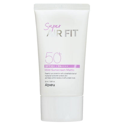 A'pieu Super Air Fit Mild Sunscreen Matte EX SPF50+ PA++++ 50ml in white tube with high protection and matte finish benefits