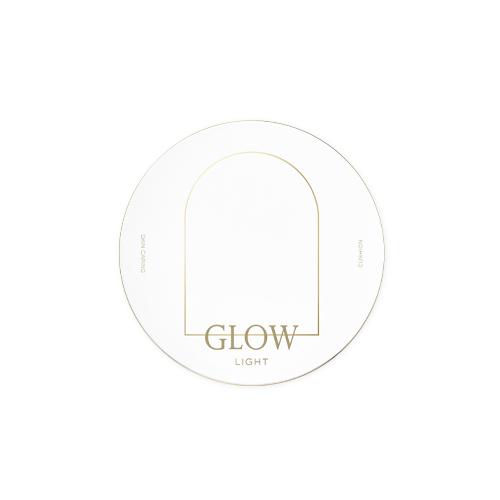 White compact cushion case with gold minimalist arch design and "GLOW LIGHT" text on top surface