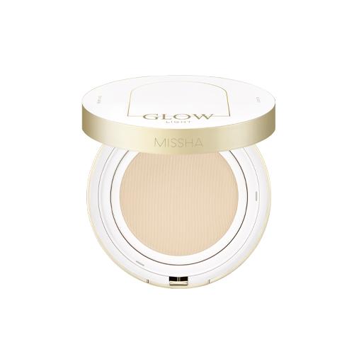Open compact cushion foundation with light beige tone and UV protection in white and gold case