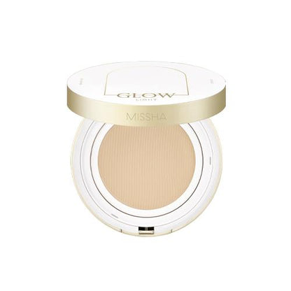 Open compact cushion foundation with light beige shade and UV protection in sleek white and gold case