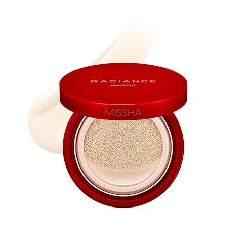 Open red cushion foundation compact showcasing long-lasting radiant coverage with beige liquid swatch behind