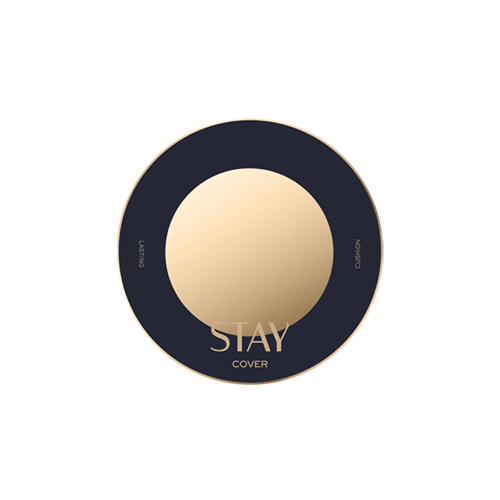 Round compact cushion foundation case with black and gold design and "Stay Cover" text on the lid