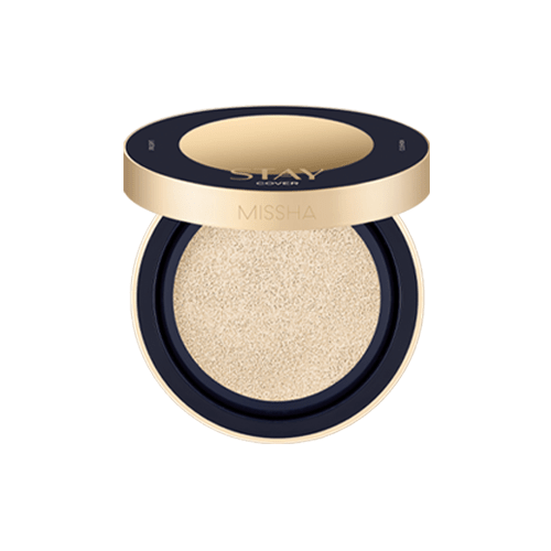Open gold and black compact cushion foundation with light beige tone and sun protection benefits on white background
