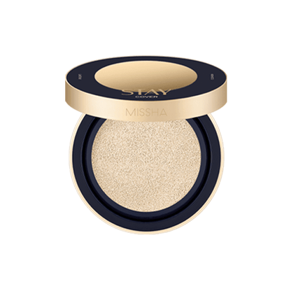 Open gold and black compact cushion foundation with light beige tone and sun protection benefits on white background