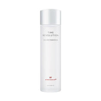 Minimalist white bottle of time revolution essence with subtle red text for anti-aging skincare benefits