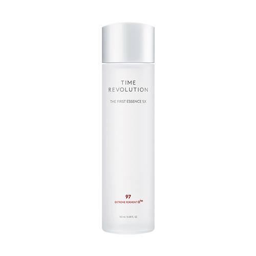 Minimalist white bottle of time revolution essence with subtle red text for anti-aging skincare benefits