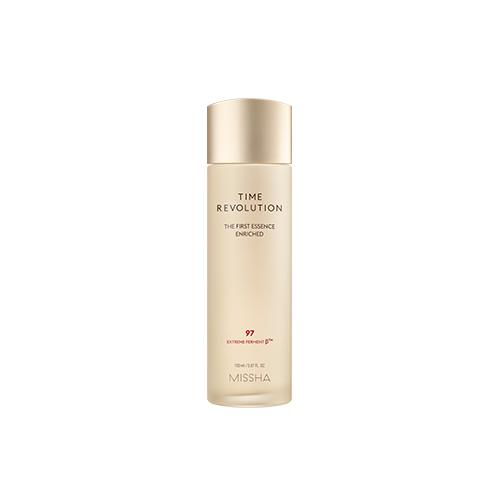 Tall frosted beige bottle of brightening essence with simple black text on a clean white background