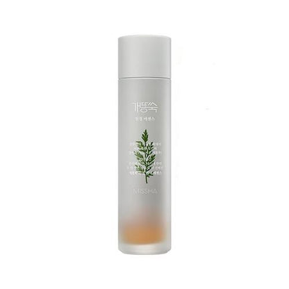 Frosted glass bottle of calming essence with green artemisia illustration and minimalist white text on white background