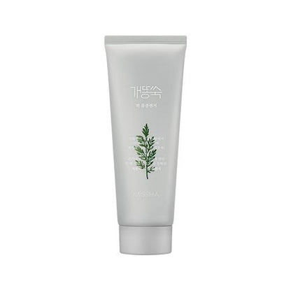 Minimalist gray tube of foam cleanser with green artemisia leaf illustration and subtle Korean text on white background
