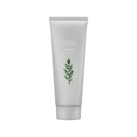 Minimalist gray tube of foam cleanser with green artemisia leaf illustration on white background