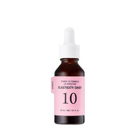 Brown glass dropper bottle with white cap and pink label for skin elasticity serum on white background