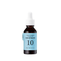 Brown glass dropper bottle with light blue label for hydrating skincare serum on white background