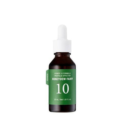 Dark amber dropper bottle with green label for radiance boosting propolis serum on white background