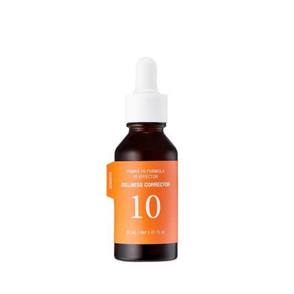 Amber glass dropper bottle with bright orange label marked "10" and advanced dullness correcting formula text