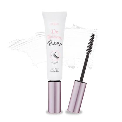 ETUDE HOUSE Dr. Mascara Fixer 6g (2 Colors) in white tube with pink metallic cap offering long-lasting hold for curled lashes