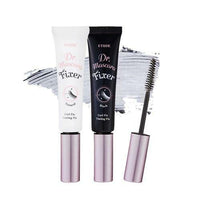 ETUDE HOUSE Dr. Mascara Fixer 6g (2 Colors) tubes with wand and mascara swatches showing long-lasting hold