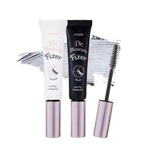 ETUDE HOUSE Dr. Mascara Fixer 6g (2 Colors) tubes with wand and mascara swatches showing long-lasting hold