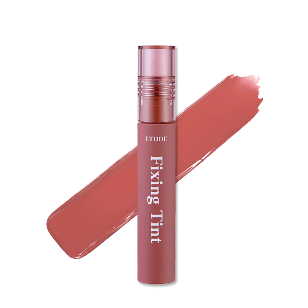 ETUDE HOUSE Fixing Tint 4g #12 Salmon Brick with hydro-matte formula and salmon brick shade swatch behind product