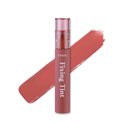 ETUDE HOUSE Fixing Tint 4g #12 Salmon Brick with hydro-matte formula and salmon brick shade swatch behind product