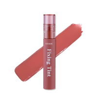 ETUDE HOUSE Fixing Tint 4g #12 Salmon Brick with hydro-matte finish in muted salmon brick shade swatch behind tube
