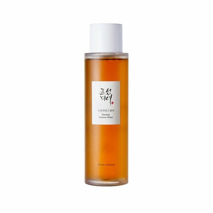 Tall cylindrical amber bottle of ginseng essence water with white label and cap for hydration boost
