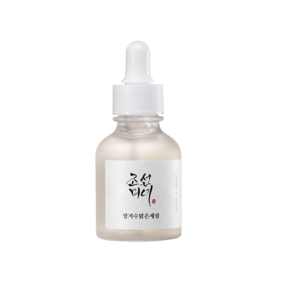 Frosted glass dropper bottle with white cap containing brightening serum with Korean label on white background