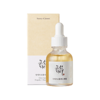 Clear glass dropper bottle with light golden serum and beige box for hydrating glow serum product