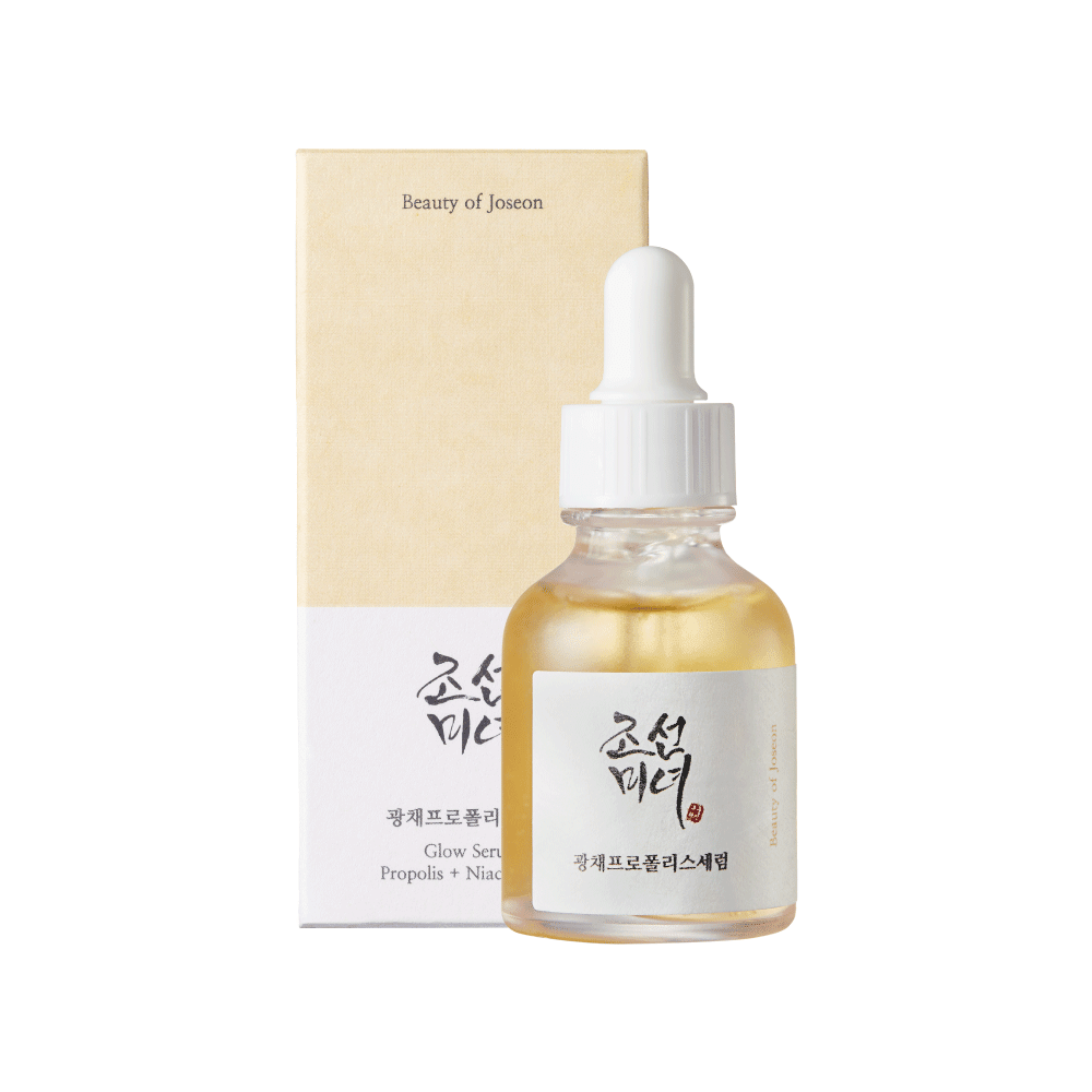 Clear glass dropper bottle with light golden serum and beige box for hydrating glow serum product