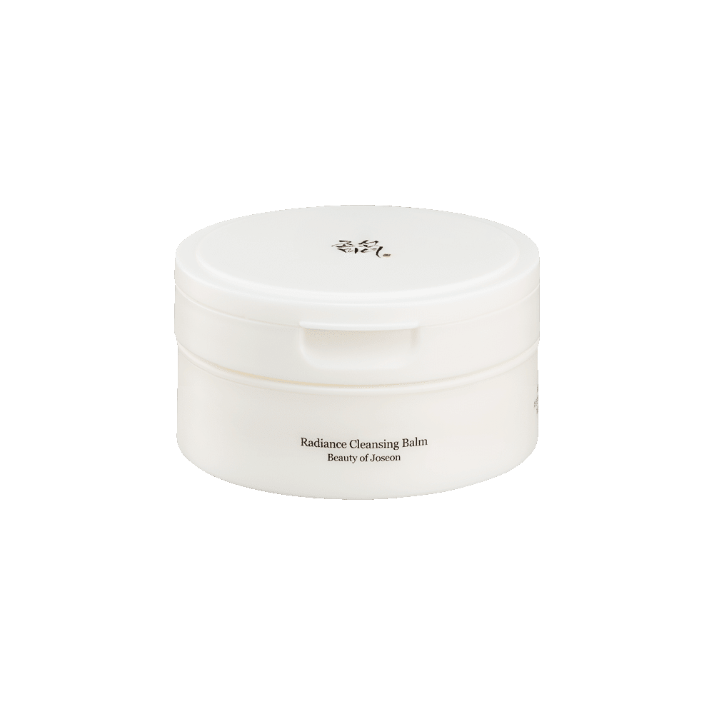 White round jar of radiance cleansing balm with minimalist black text on lid and side for thorough cleansing benefits