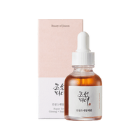 Amber glass dropper bottle with white cap and pink box for hydrating serum with ginseng and snail mucin.