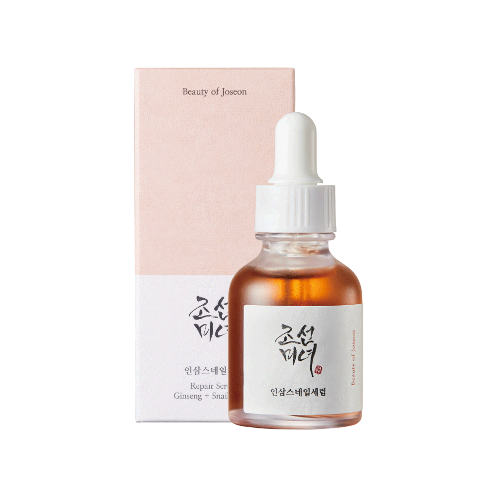 Amber glass dropper bottle with white cap and pink box for hydrating serum with ginseng and snail mucin.