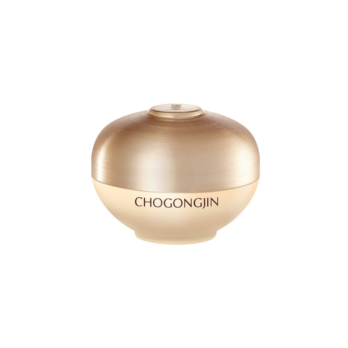 Gold-tone rounded jar of deep hydration eye cream with smooth matte finish and subtle shine on white background