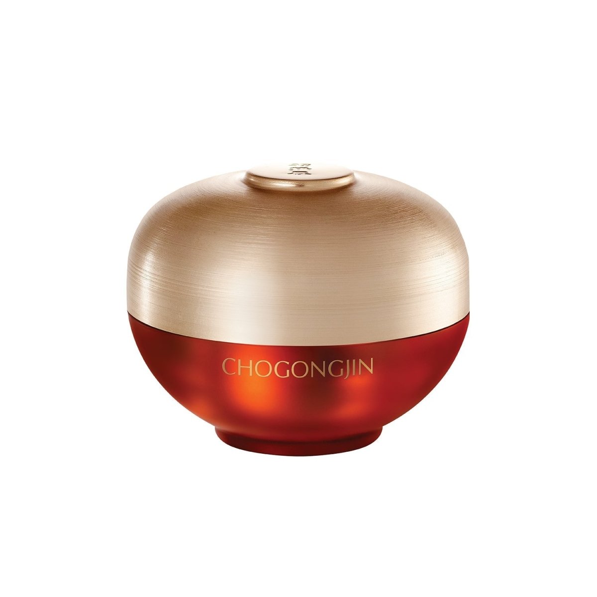 Red and gold jar container of nourishing skincare cream with smooth rounded design on white background