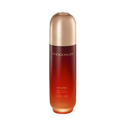 Tall gradient red and bronze bottle of CHOGONGJIN SOSAENG JIN emulsion designed to revitalize skin